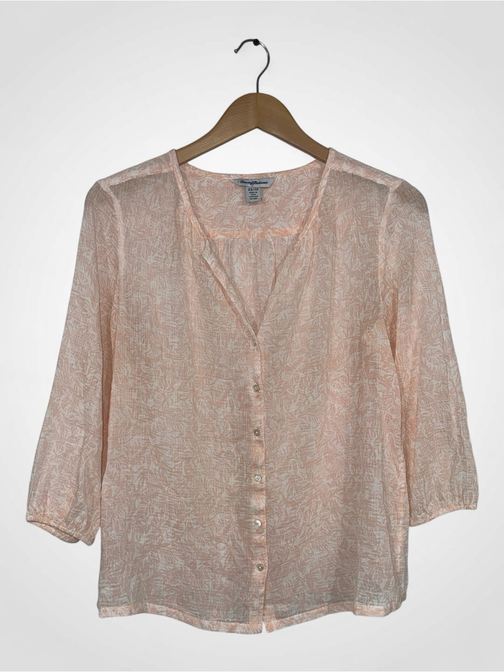 WSH42 {Tommy Bahama} Pink White Tissue Soft Button Down Shirt Blouse Top